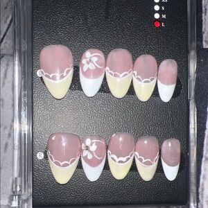 Pink and Yellow French Tip Floral Set of Acrylic Nails